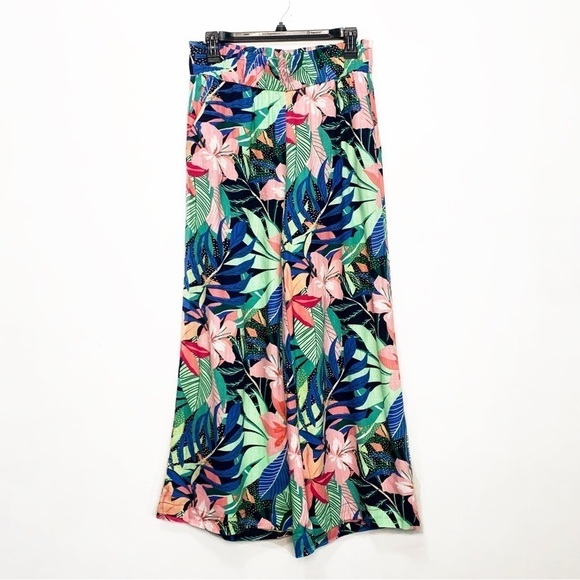 Loft Wide Leg Linen-Blend Tropical Palm Print Pull-On Crop Palazzo Pants, size S - Picture 4 of 8